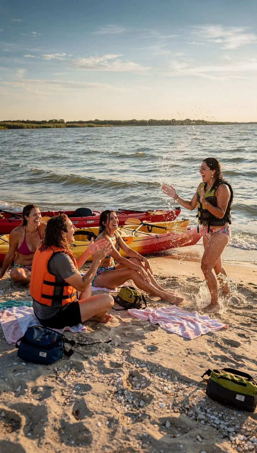 Группа людей, наслаждающихся каякингом на озере под ярким солнцем.