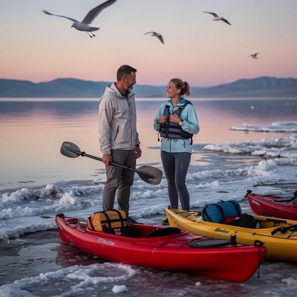 Группа туристов, наслаждающихся каякингом на озере под ярким солнцем.