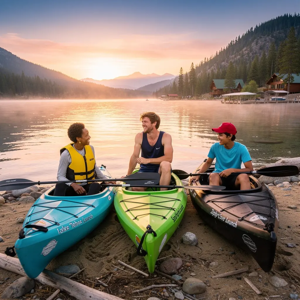 Группа людей, наслаждающихся каякингом на озере.