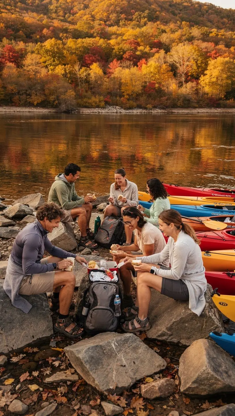 Группа путешественников наслаждается каякингом на ярком солнечном дне.