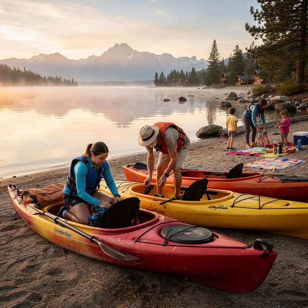 Пейзаж с горными водами и каяками, готовыми к сплаву.