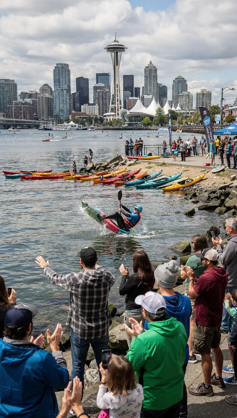 Пейзаж с водным путем, ведущим к горным вершинам на фоне заката.