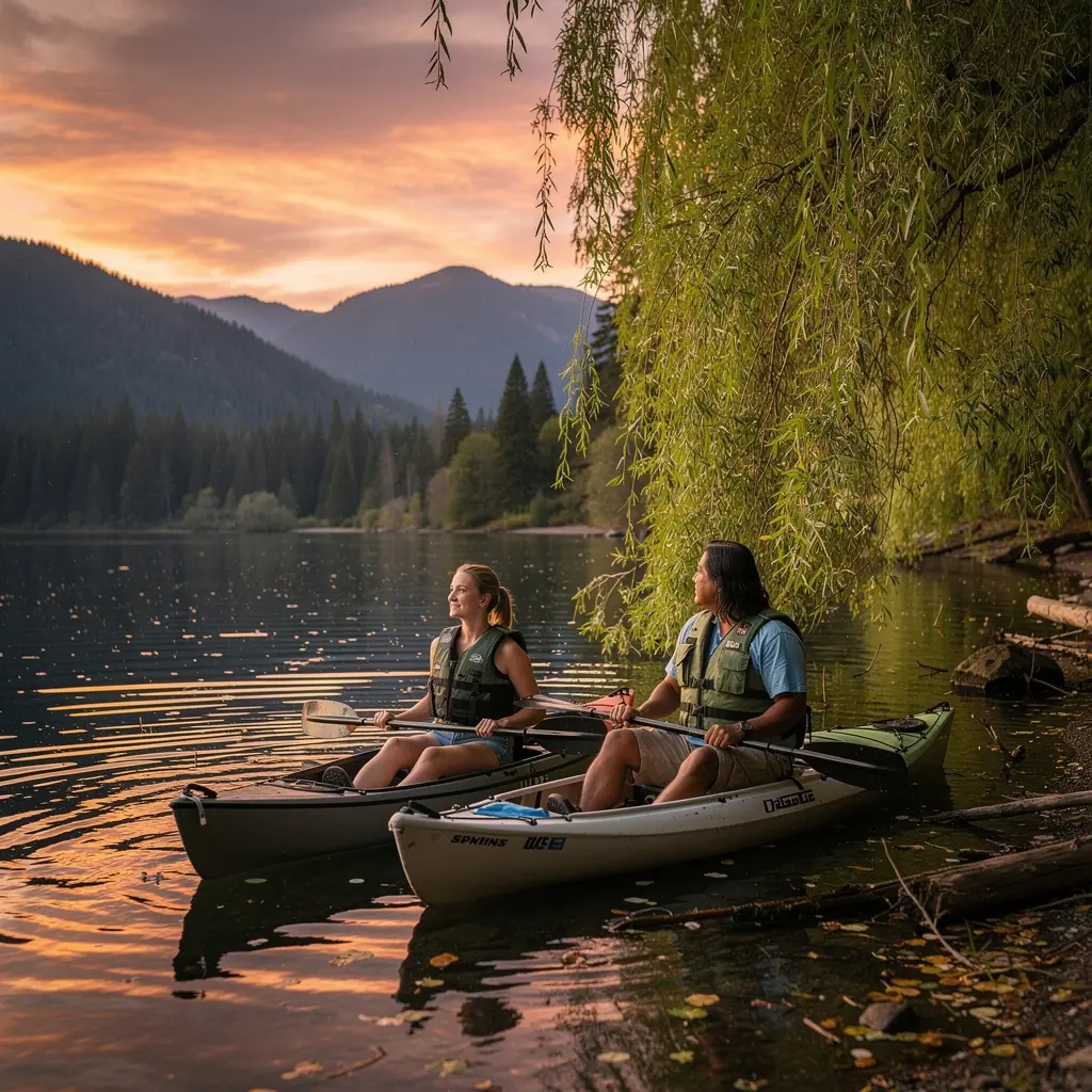Закат над водоемом, отражающийся в поверхности воды.