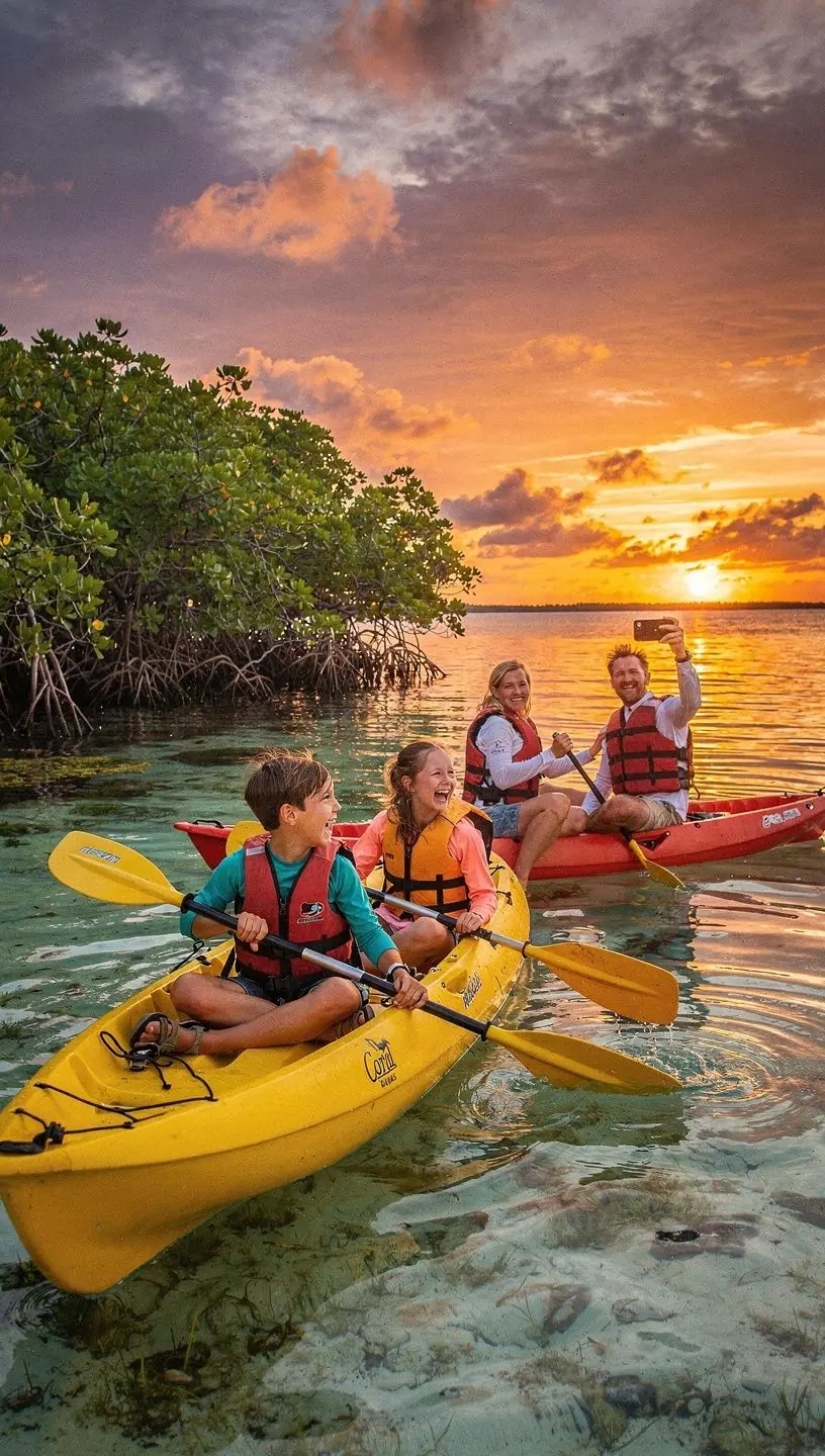 Лодка с каякерами на фоне красивого заката над водоемом.