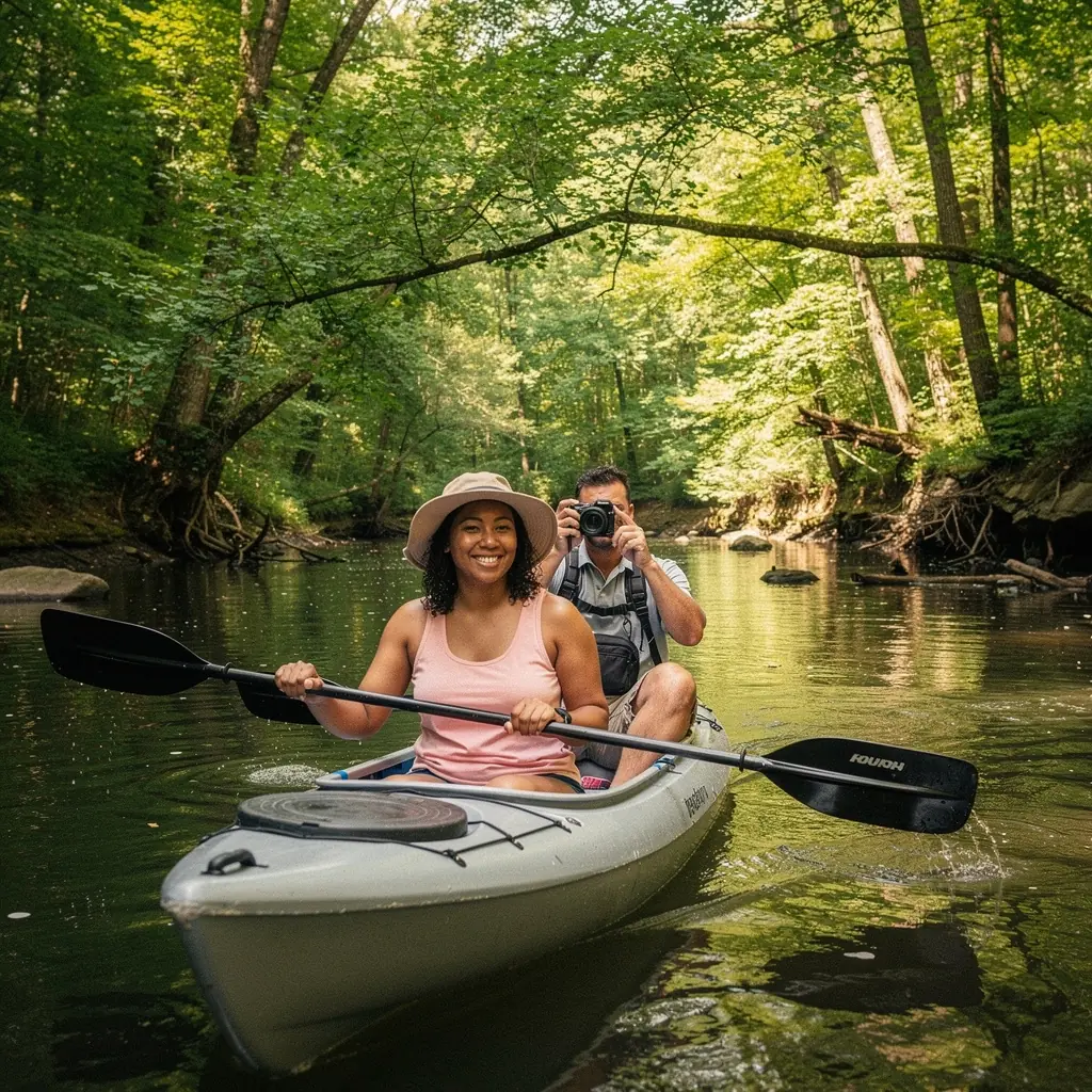 Каяк на спокойной реке с зелеными берегами.