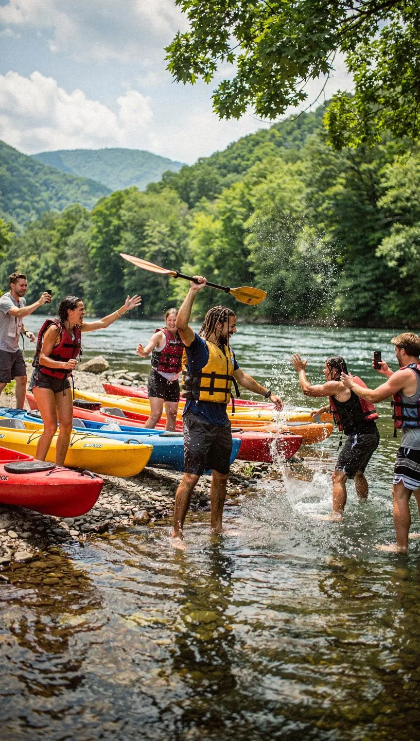 Каяк на спокойной реке в окружении зелёных лесов.