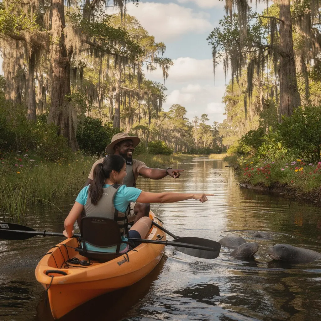 Каяк на спокойной реке с зелеными берегами.