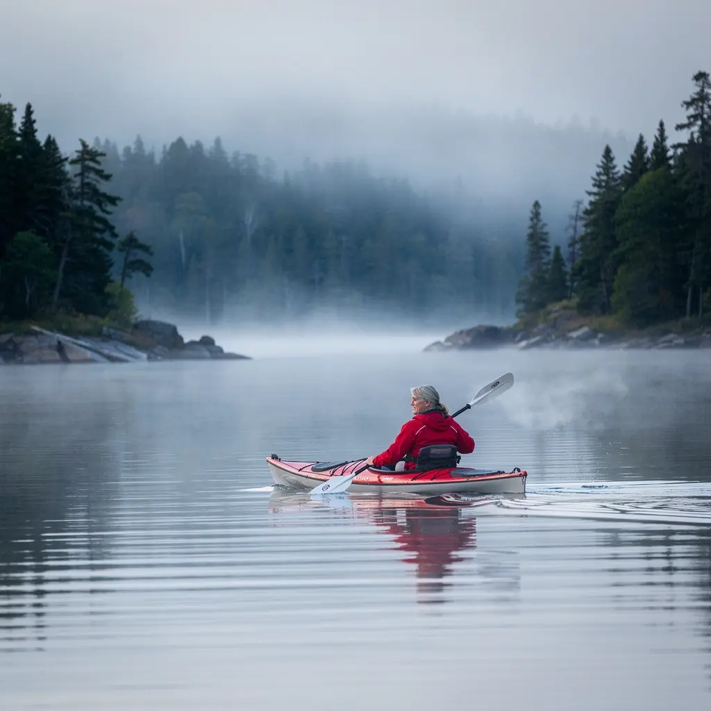 Каякер проплывает по спокойной реке среди живописных пейзажей.