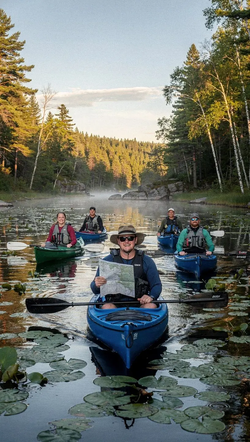 Картинка с картой водных маршрутов и мест для кемпинга для каякеров.