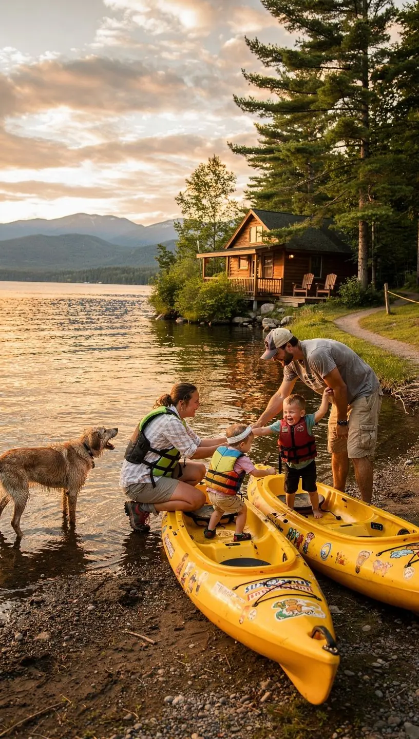 Каякеры на спокойной реке, окруженной зелеными деревьями и скалами.