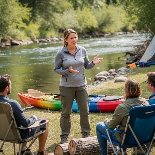 Кемпинг на берегу реки с палатками и каяками.